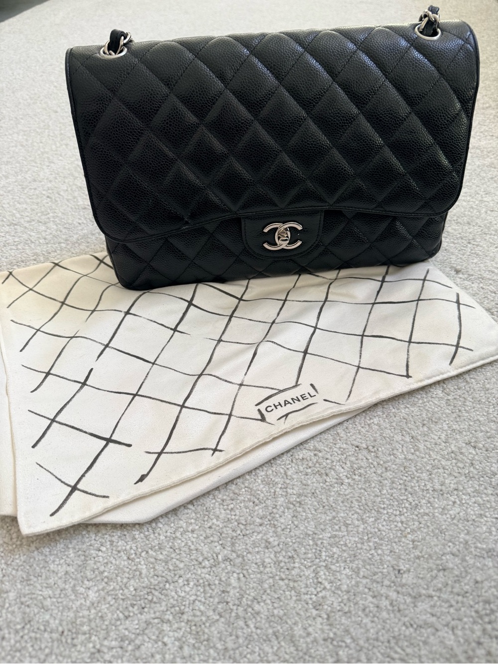 CHANEL Jumbo Black Quilted Double Flap Shoulder Bag with Silver Hardware